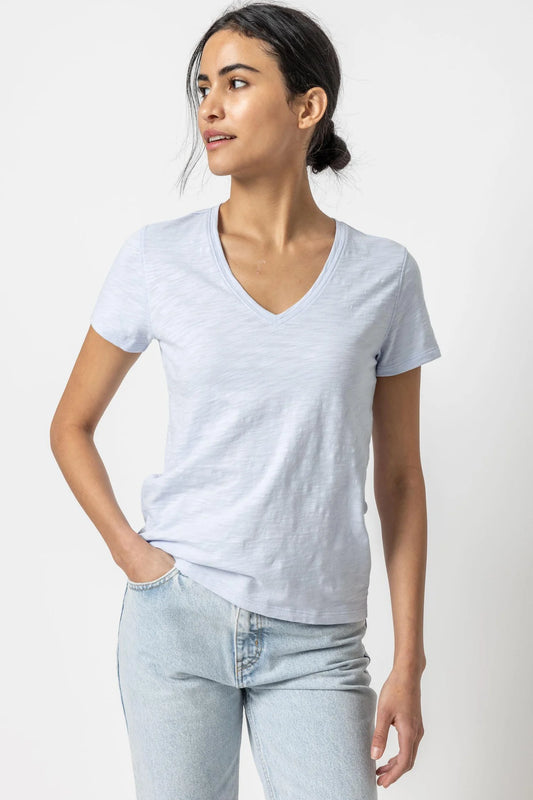 V-Neck Short Sleeve Back Seam Tee in hyacinth by Lilla P