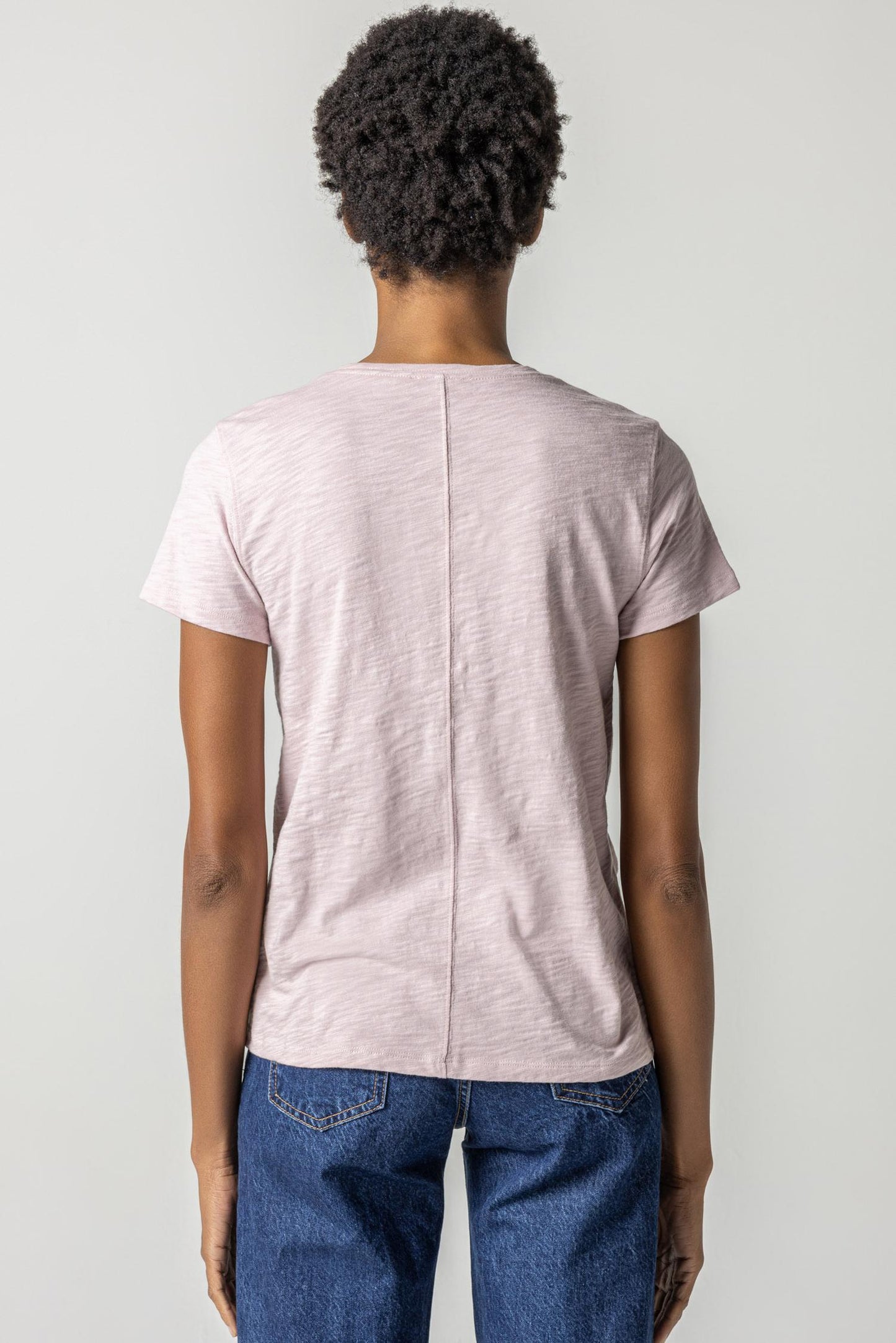 V-Neck Short Sleeve Back Seam Tee in iced lilac by Lilla P