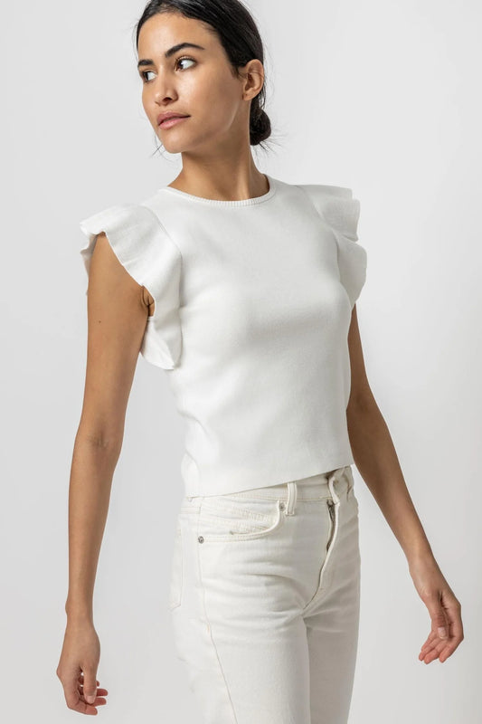 Flutter Sleeve Shell Sweater in white by Lilla P