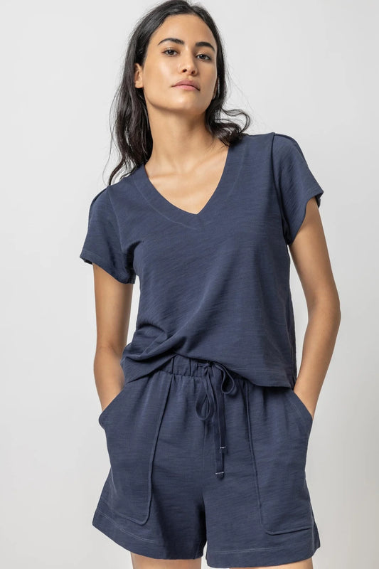Pleated Cap Sleeve V-Neck Top in navy by Lilla P