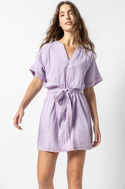 Belted Split Neck Gauze Dress in lily by Lilla P