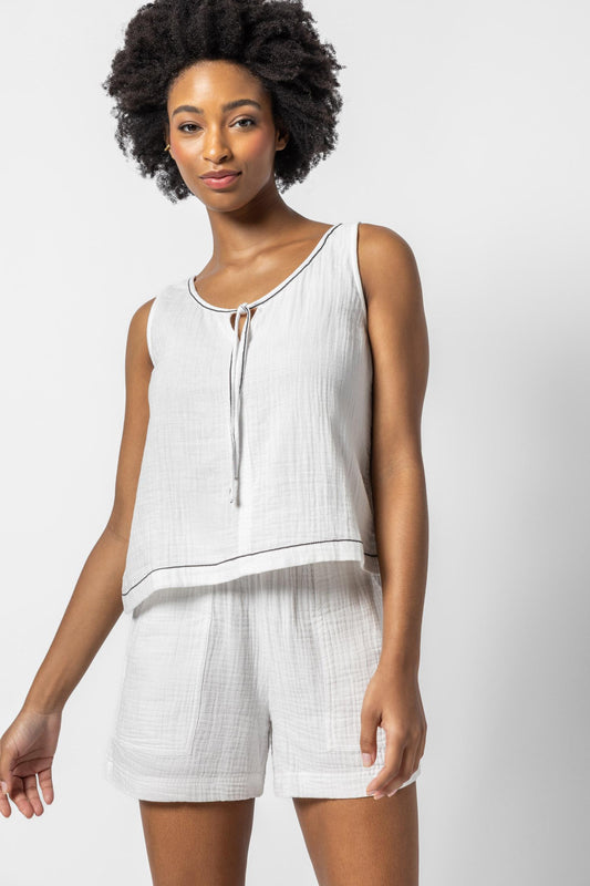 Tie Front Gauze Tank in white by Lilla P
