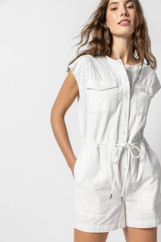 Short Sleeve Canvas Romper in white by Lilla P