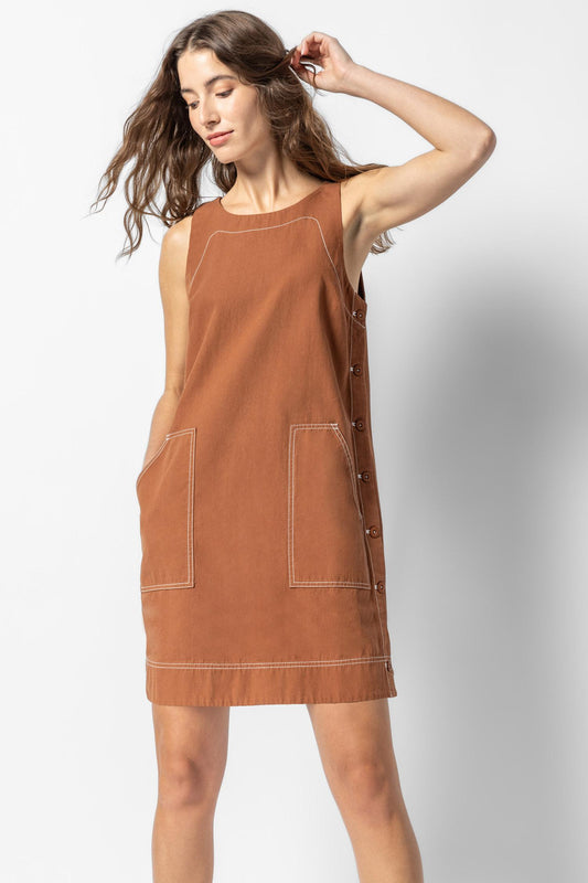 Side Button Canvas Dress in bronze by Lilla P
