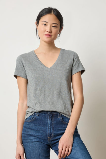 Short Sleeve Back Seam V-Neck Tee in gravel by Lilla P