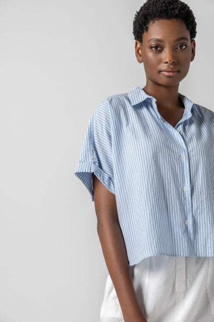 Lilla P Summer Capsule Event- Striped Boxy Button Down Top in malibu stripe