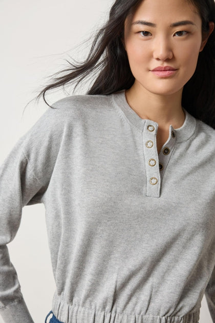 Elastic Waist Henley Sweater in heather grey by Lilla P