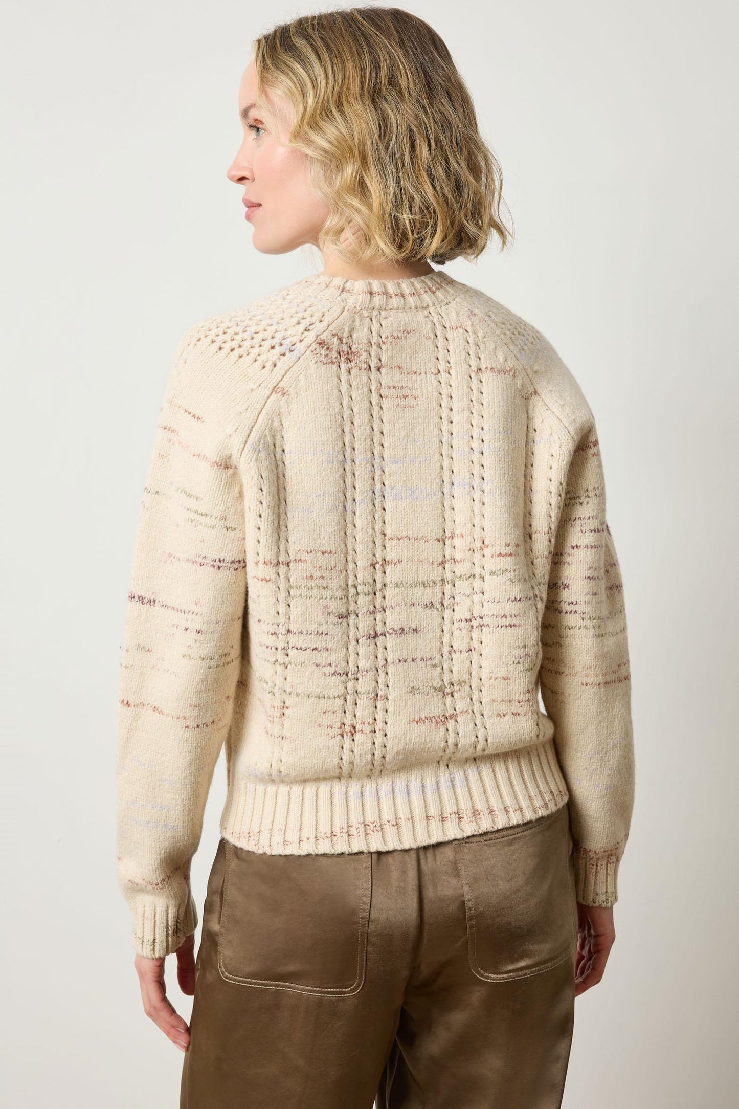 Open Stitch Crewneck Sweater in eggshell combo by Lilla P