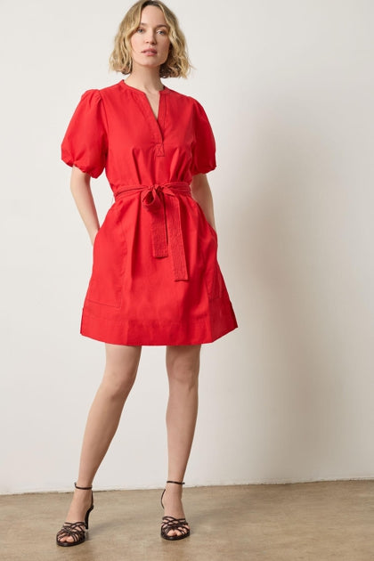 Shirred Sleeve Split Neck Dress in scarlet by Lilla P