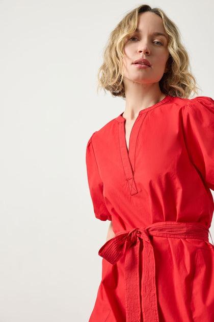 Shirred Sleeve Split Neck Dress in scarlet by Lilla P
