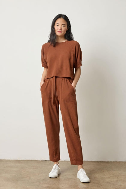 Pleated Sleeve Waffle Top in praline by Lilla P