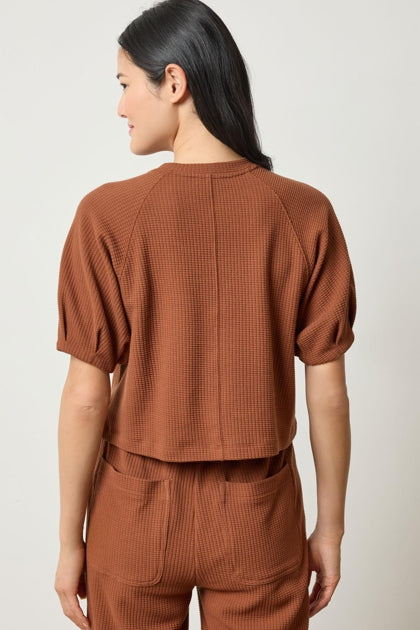 Pleated Sleeve Waffle Top in praline by Lilla P