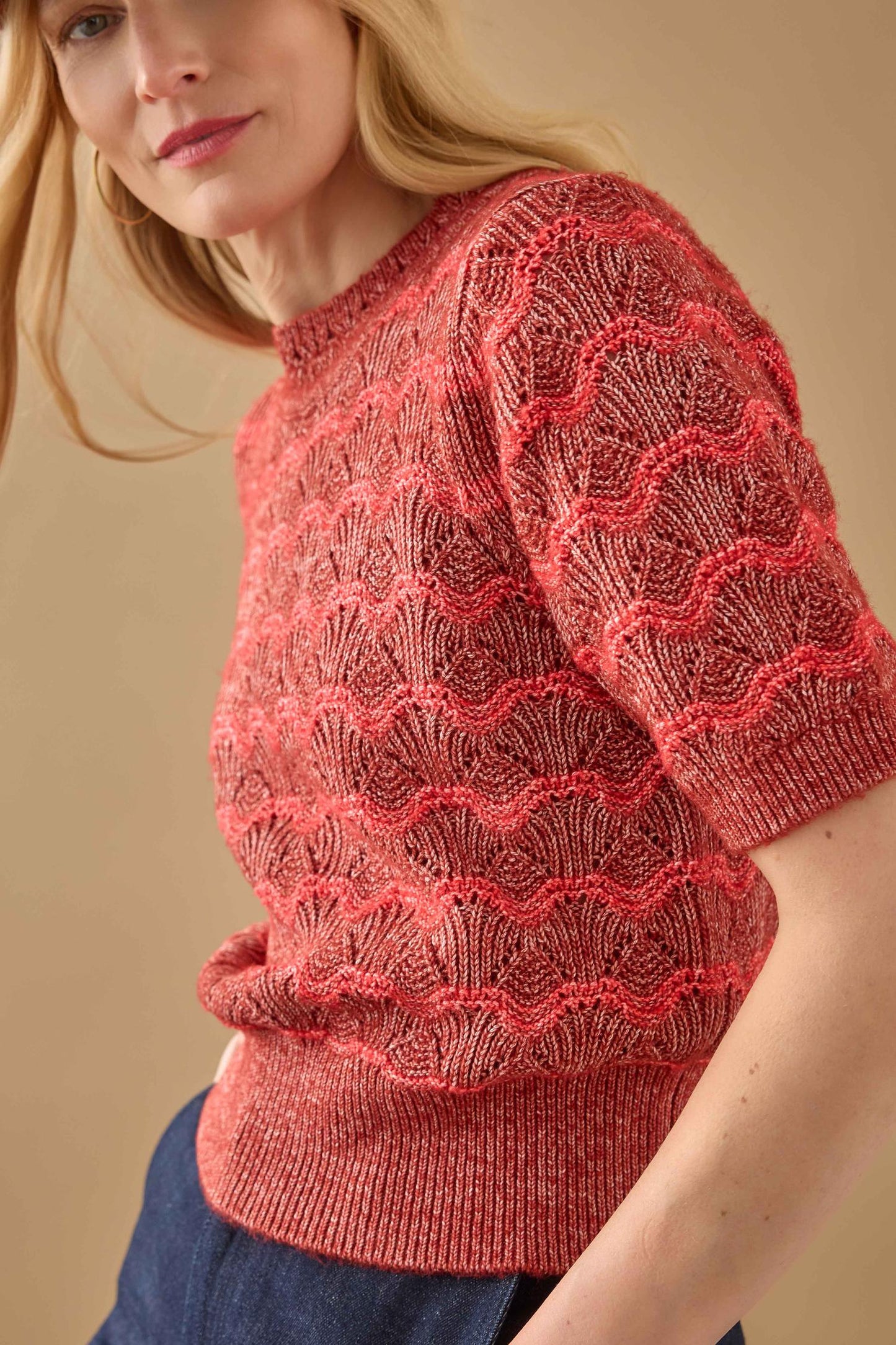 Short Sleeve Multistitch Pullover Sweater in oxblood stripe by Lilla P