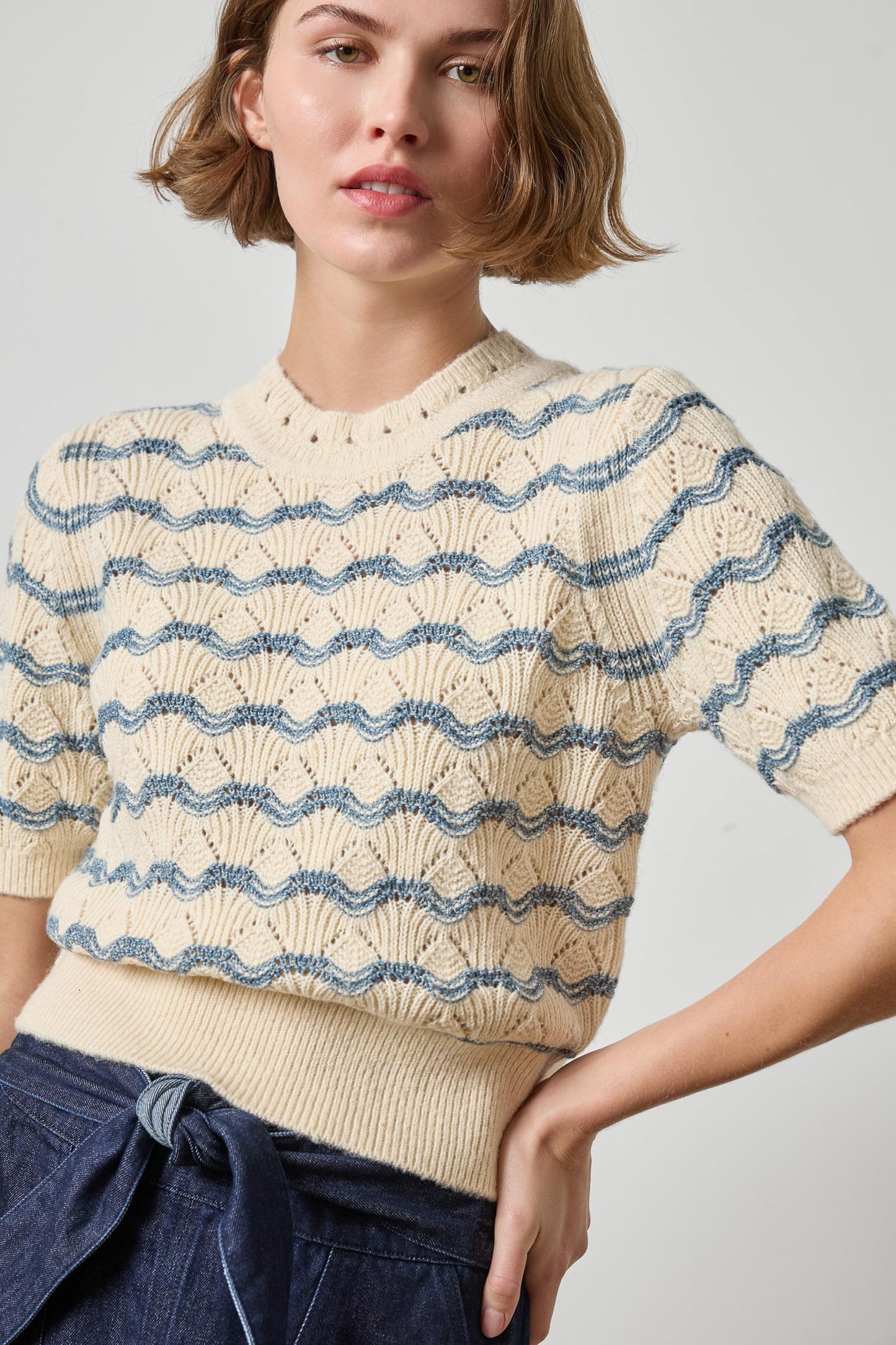 Short Sleeve Multistitch Pullover Sweater in winter white stripe by Lilla P