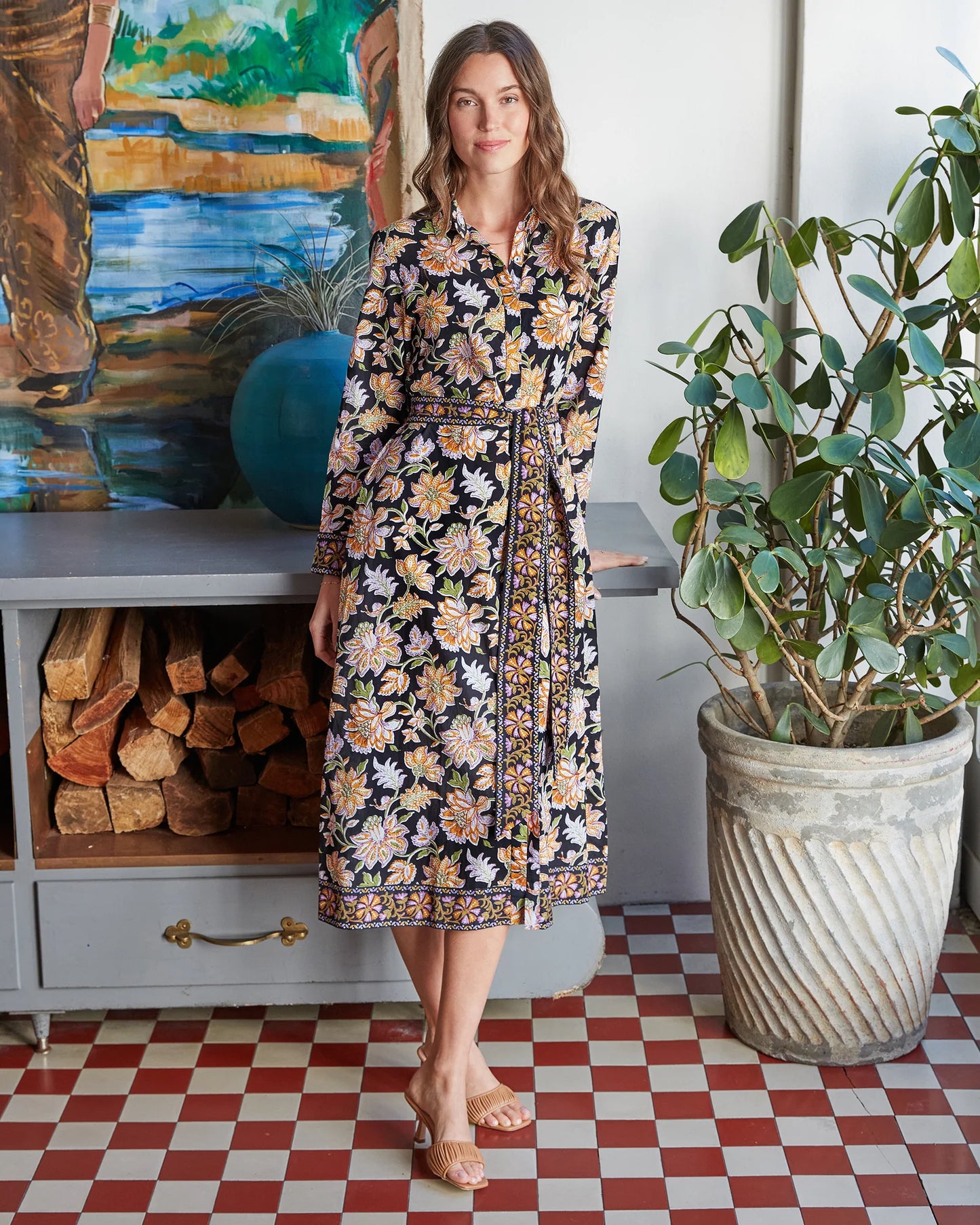 Monaco Gardenscape Midi Dress in jet black by Printfresh