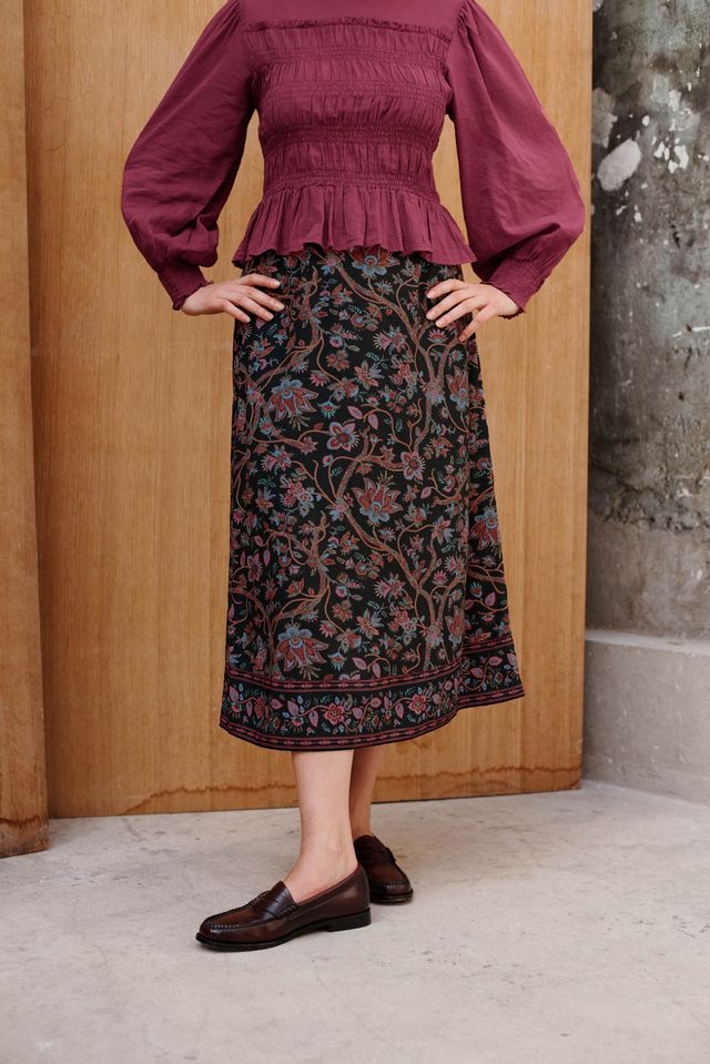 Isa Printed Slip Skirt in black bluebell grove by Louise Misha