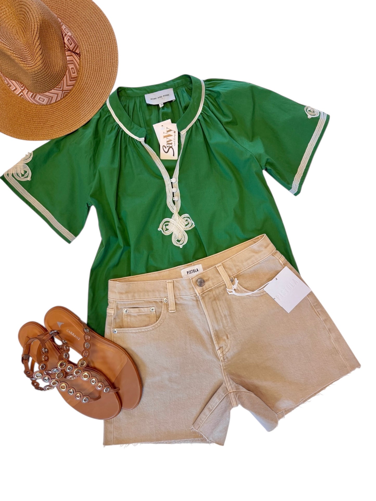 Green cotton poplin rose and rose top styled with shorts and sandals