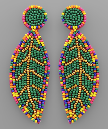 Beaded Long Leaf Earrings in green/multi