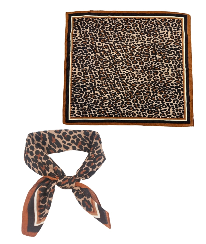 Bordered Leopard Print Bandana Scarf in cognac