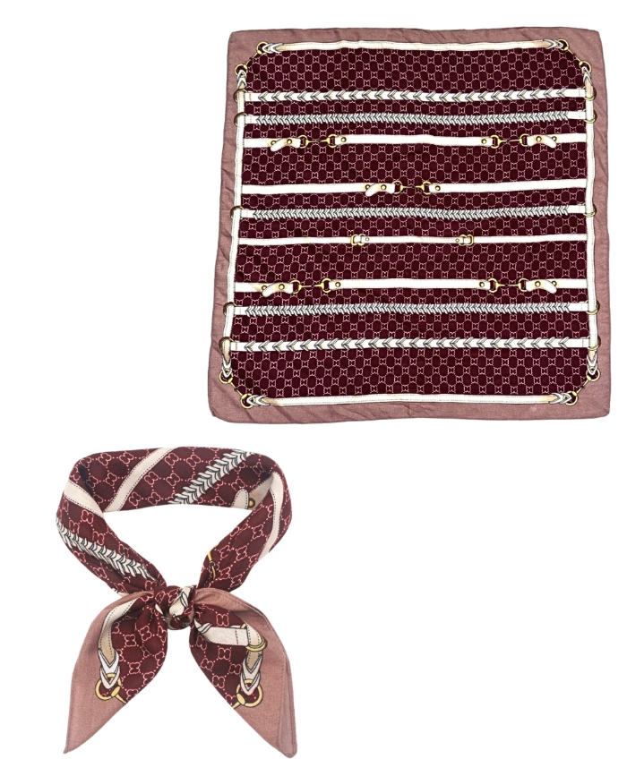 Horsebit Strap Print Bandana Scarf in burgundy