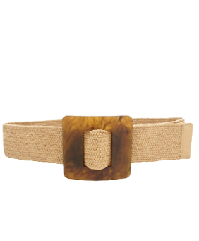 Square Lucite Buckle Straw Belt in tan