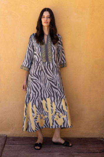 Zebra Print Kaftan with Embroidery in grey/gold by Nema