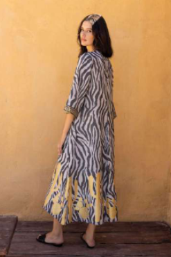 Zebra Print Kaftan with Embroidery in grey/gold by Nema