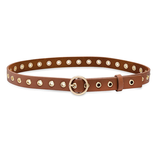 Rossmore Grommet Leather Belt in caramel/gold by Laurel & Gold