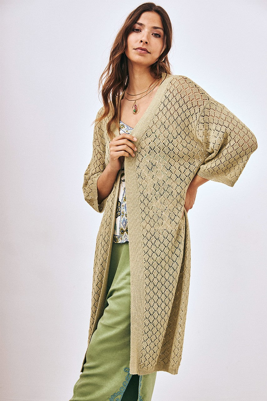 Kimono Cardigan with Openwork Mix Details in lime by NKN