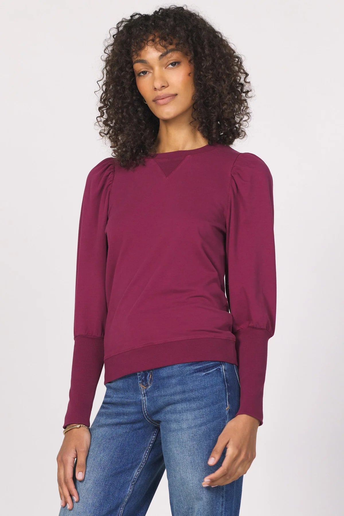 Tara Puff Sleeve Sweatshirt in bordeaux by Another Love