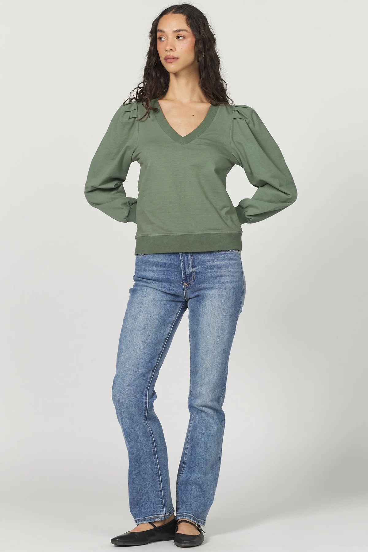 Sammi V-Neck Sweatshirt in slate green by Another Love