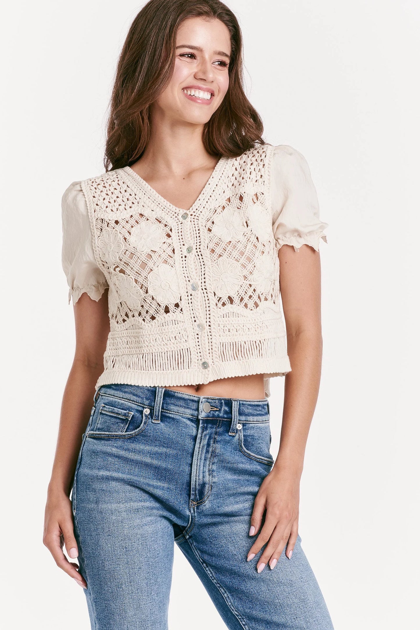 Belize Mesh Button Up Sweater in vintage cream by Another Love