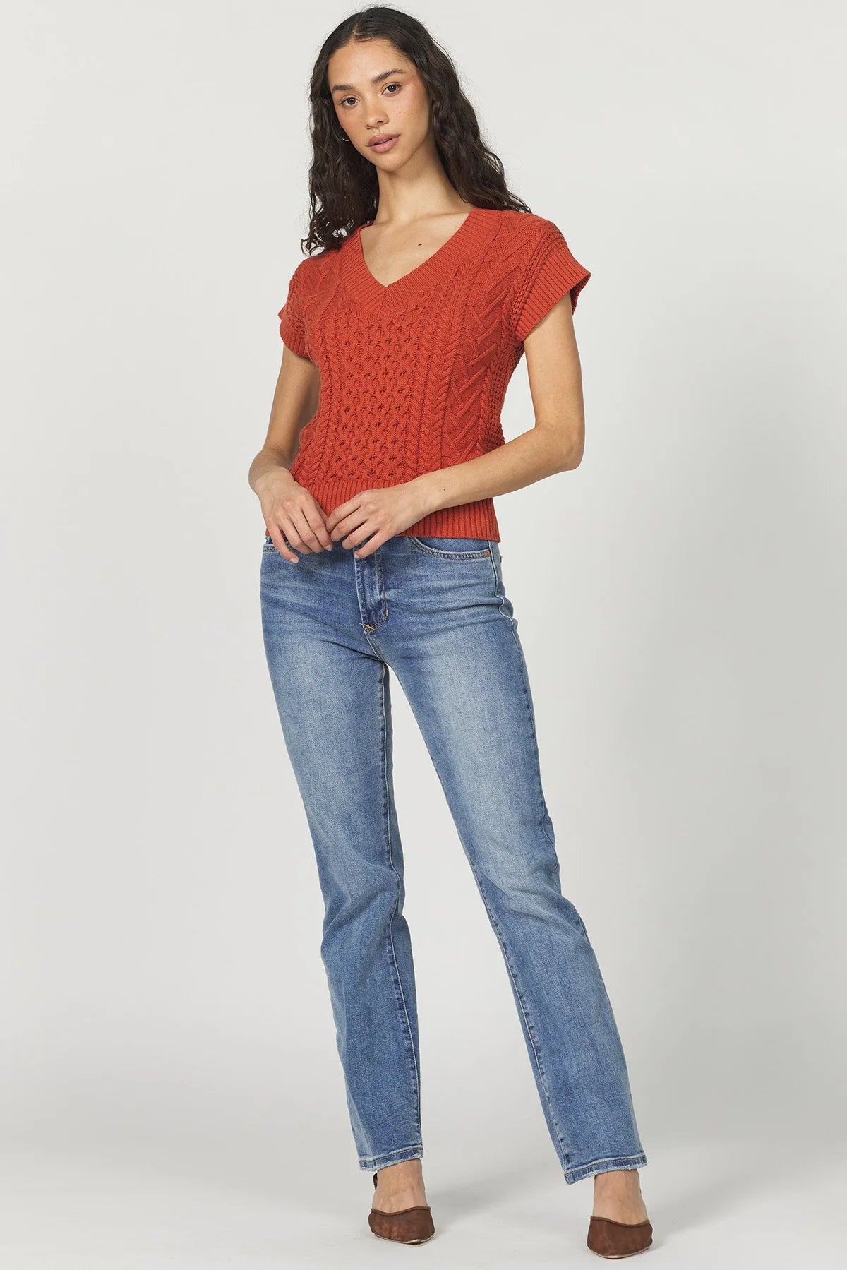 Scout Cable Sweater Vest in orange maple by Another Love