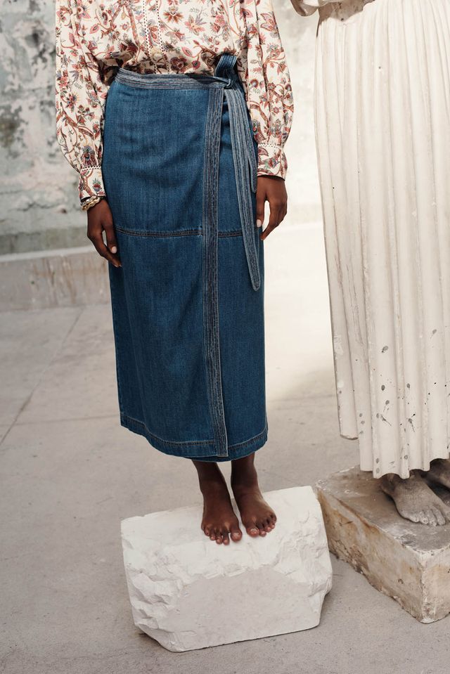 Emna Denim Wrap Skirt in stone blue by Louise Misha