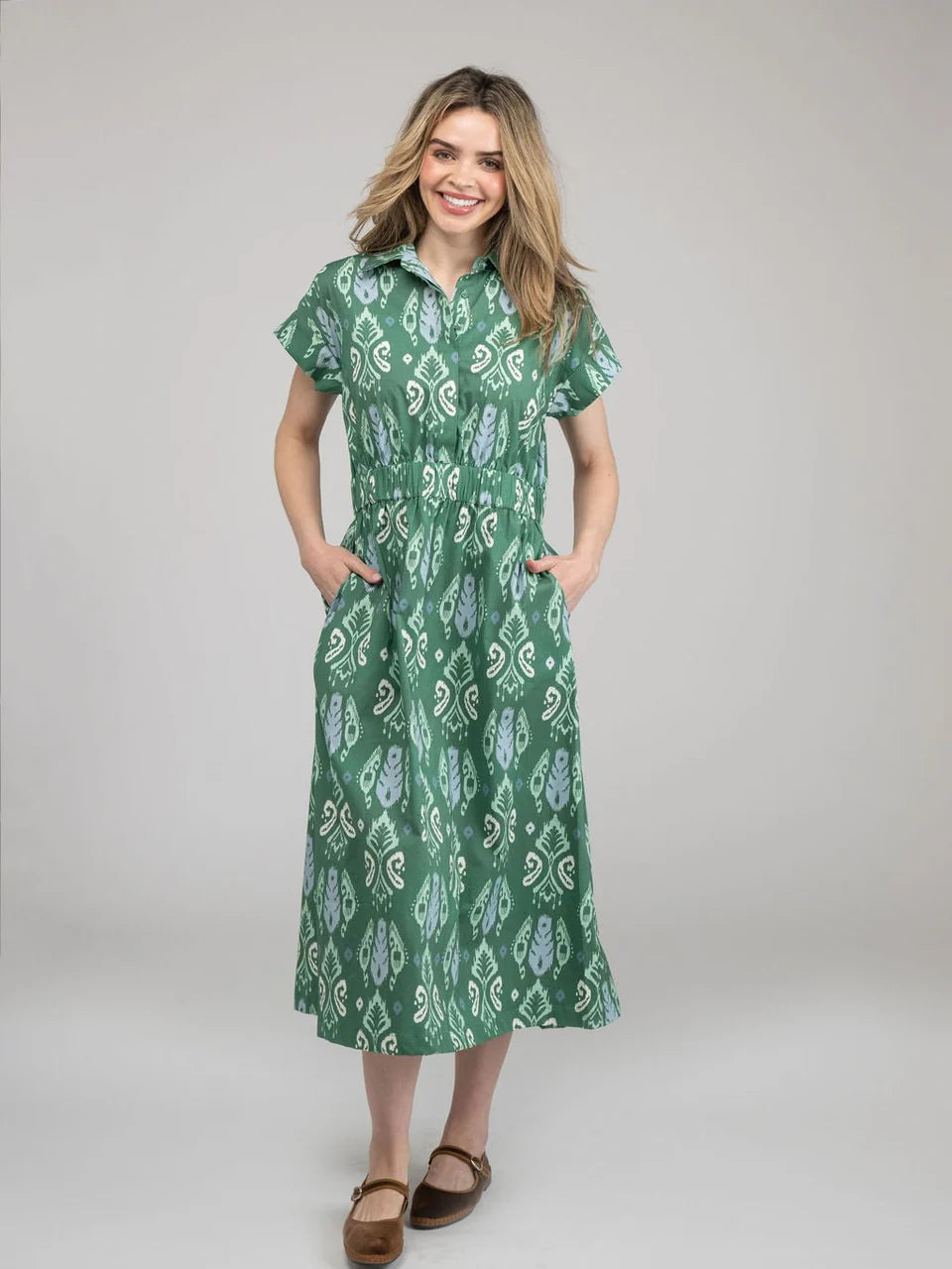 TRUNK SHOW- The Lisa Dress in Green Ikat by Beau & Ro