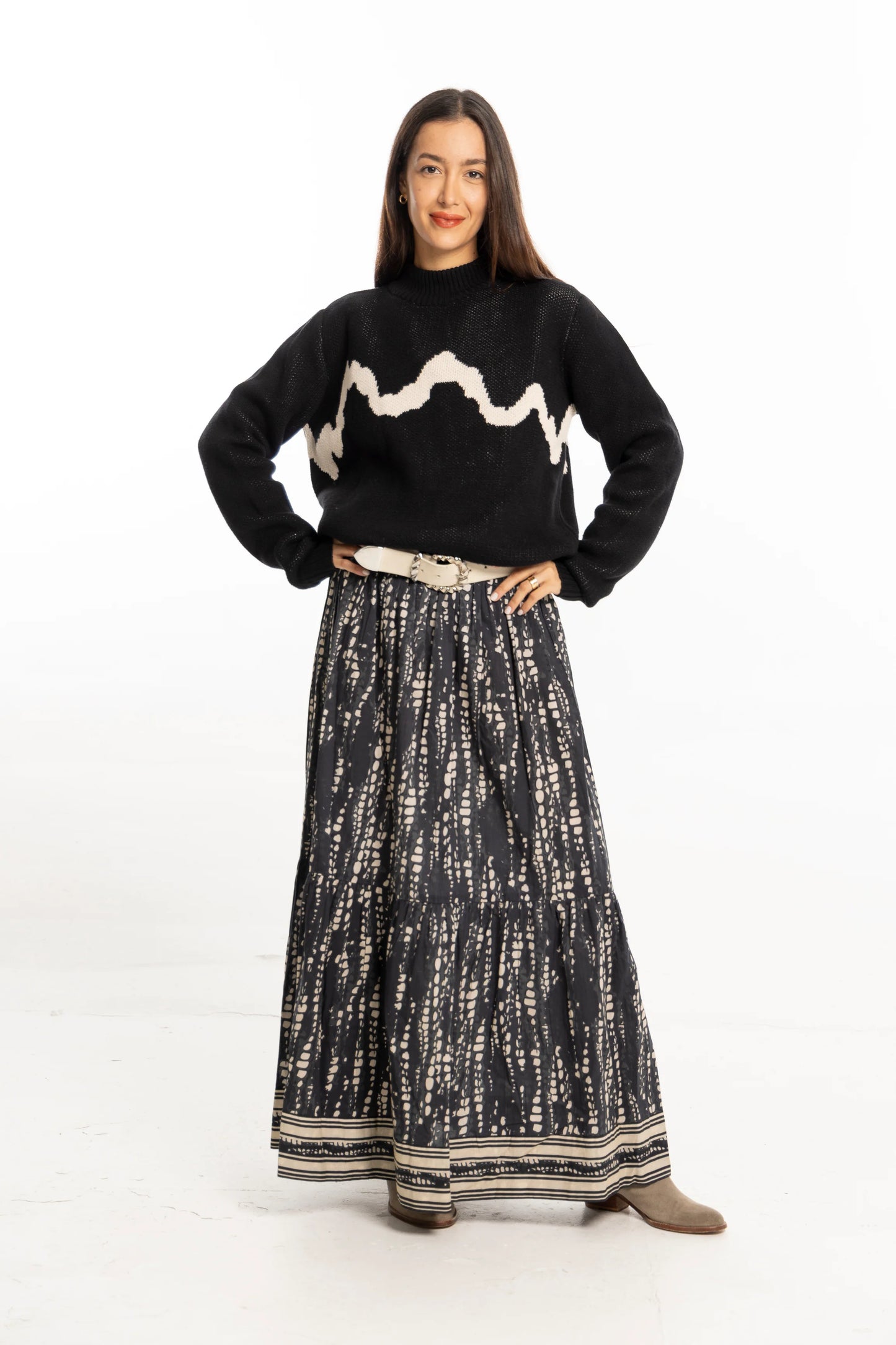 Ariana Printed Maxi Skirt in black pearl by Bindu