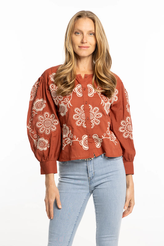 Egla Embroidered Blouse in terracotta by Bindu