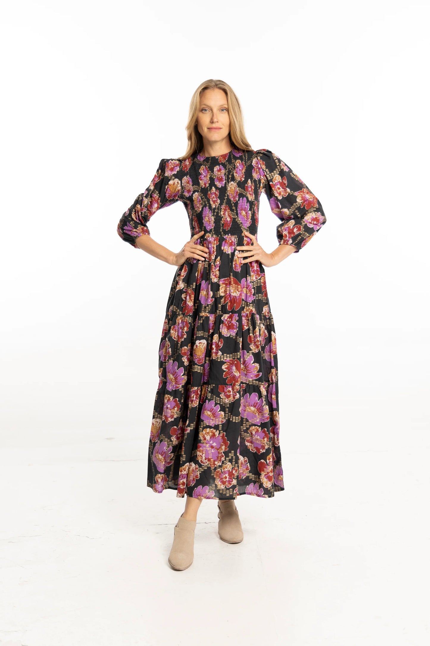 Melinda Smocked Dress in metallic floral by Bindu