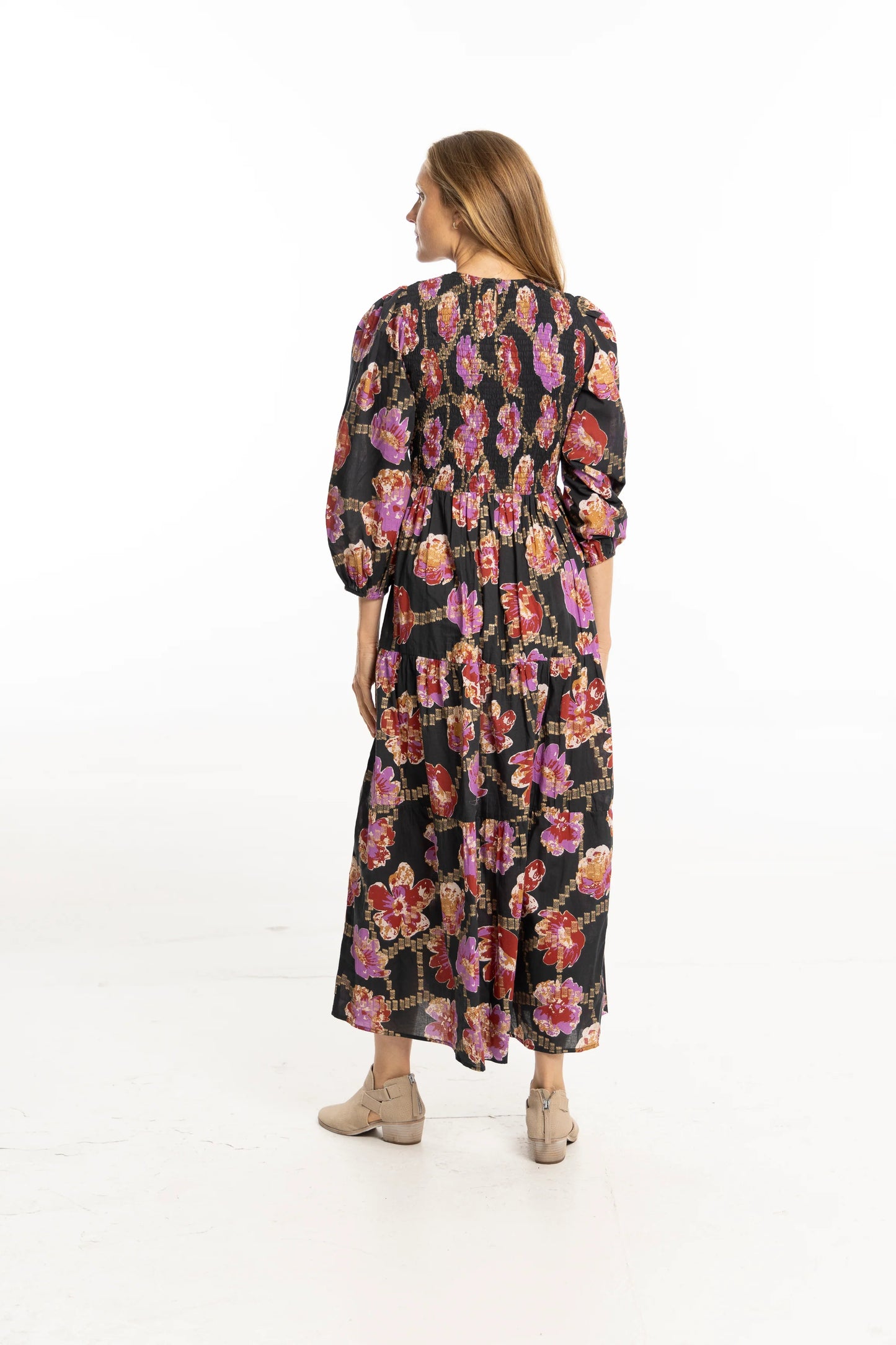 Melinda Smocked Dress in metallic floral by Bindu