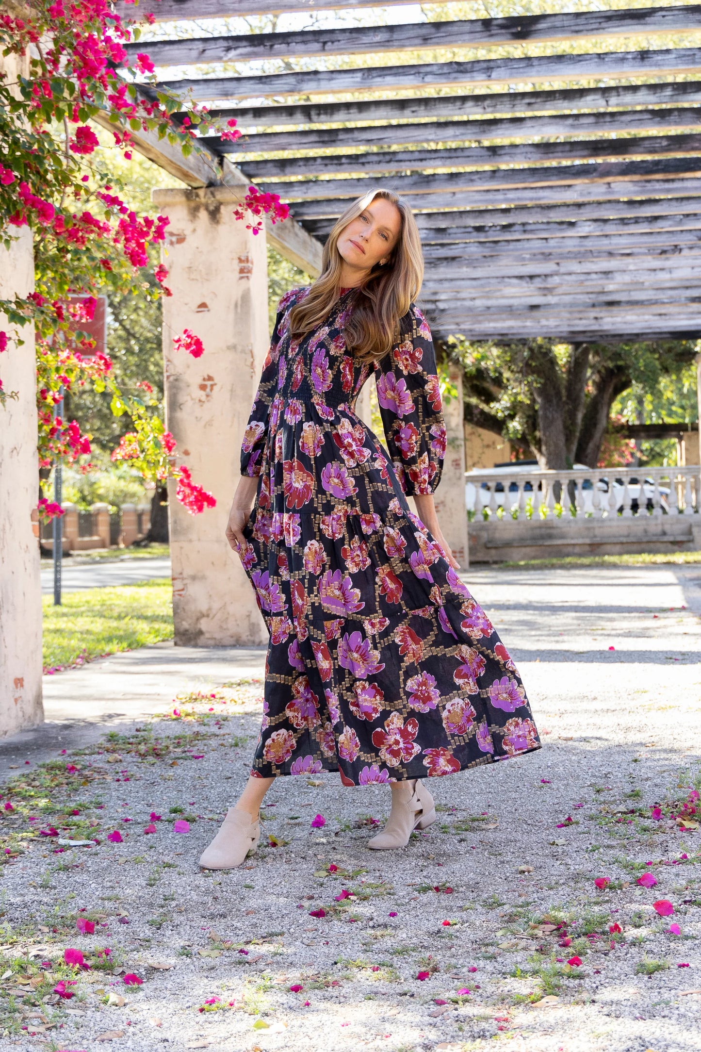 Melinda Smocked Dress in metallic floral by Bindu