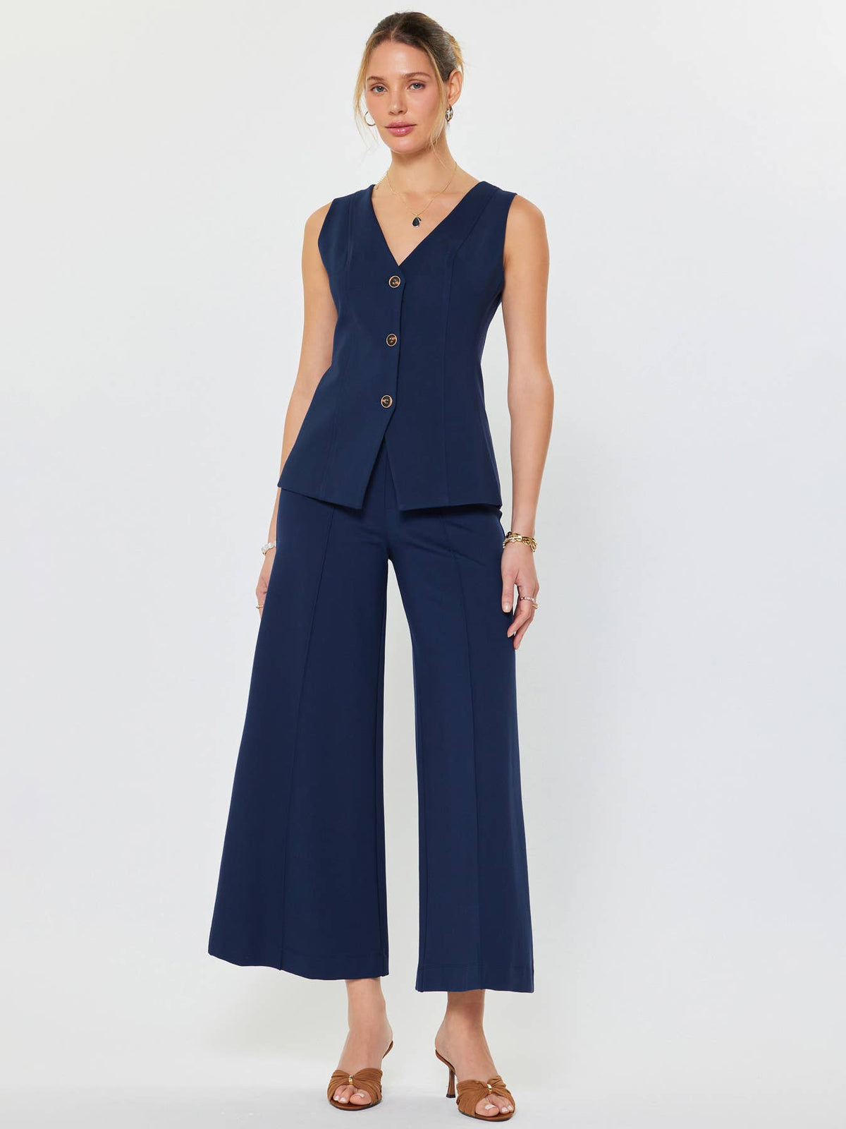 Ponte Flared Pintucked Pants in navy by Current Air
