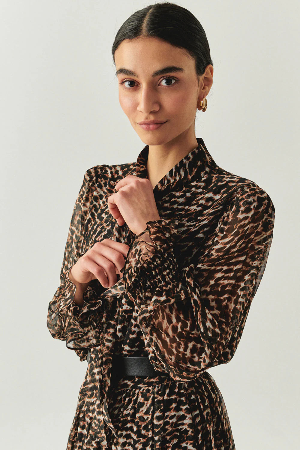 Kara Chiffon Sheer Long Sleeve High Neck Blouse in multicolor by Exquise