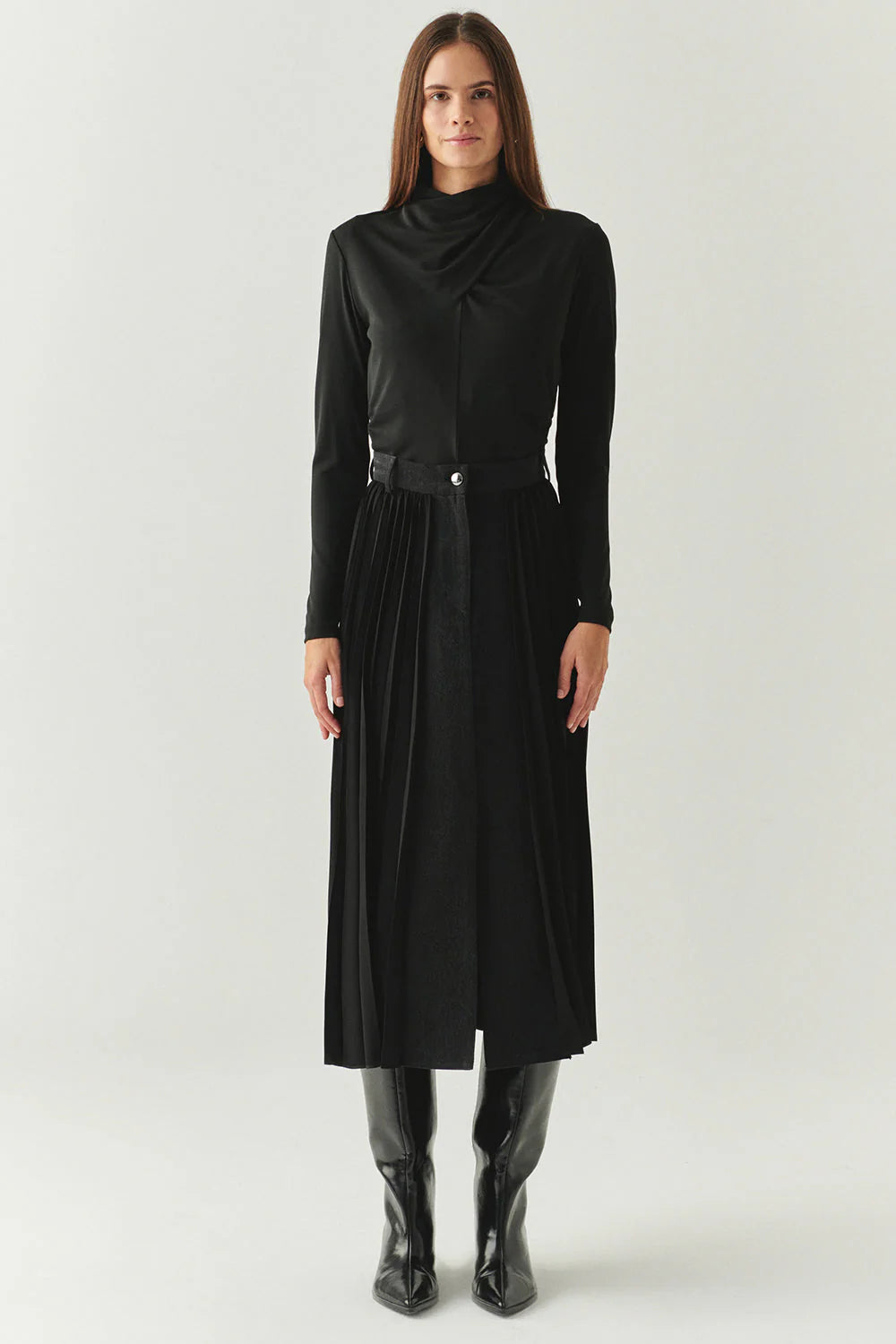 Florence Mixed Material Denim Skirt in black by Exquise