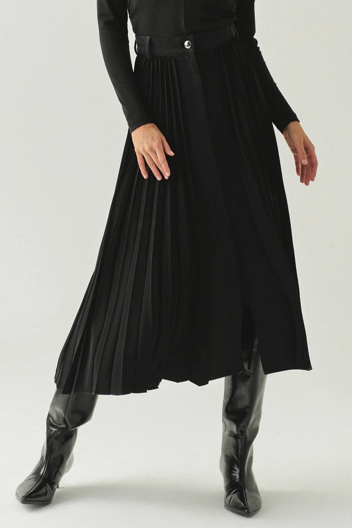 Florence Mixed Material Denim Skirt in black by Exquise