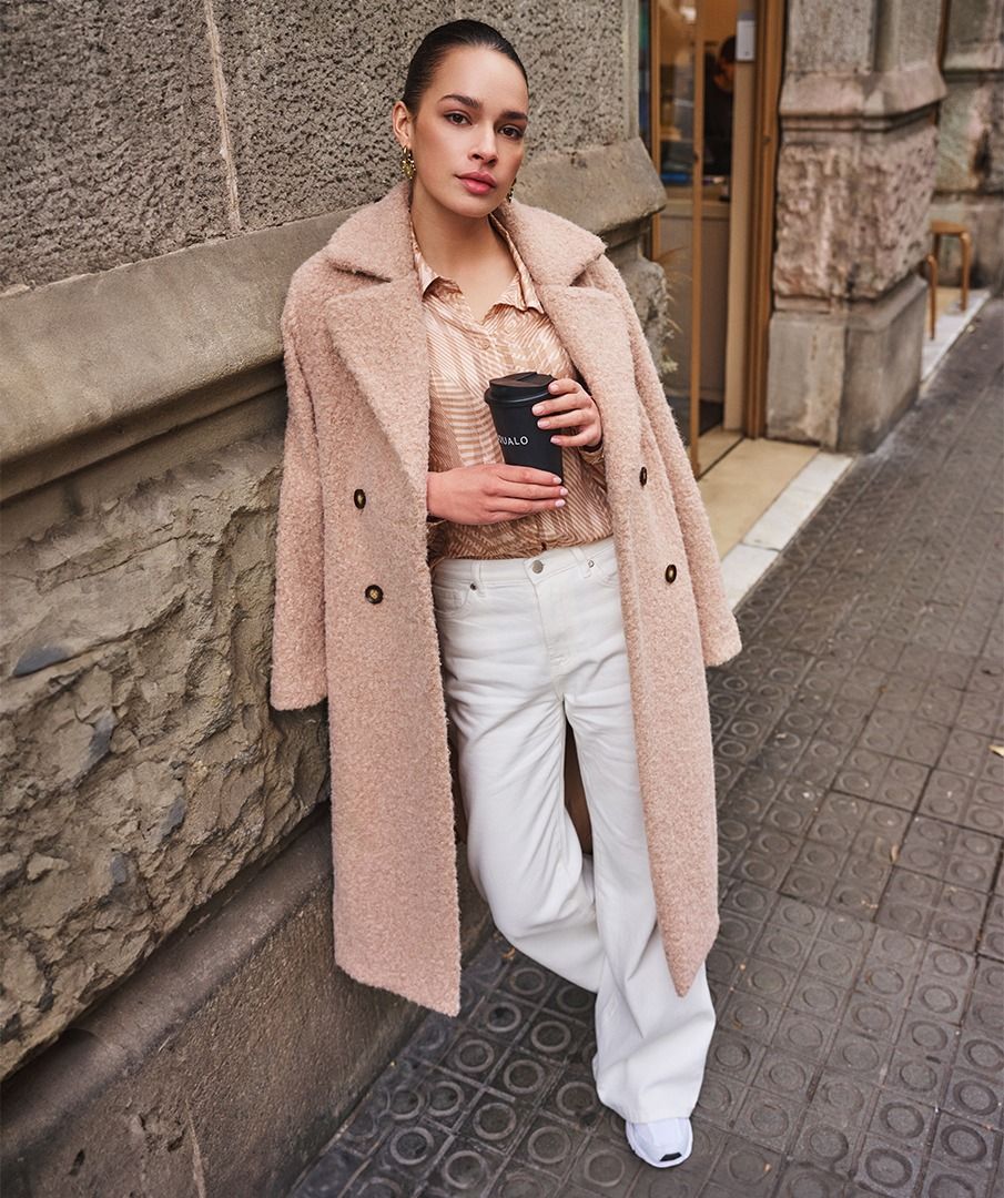 Long Boucle Coat in sand by Esqualo