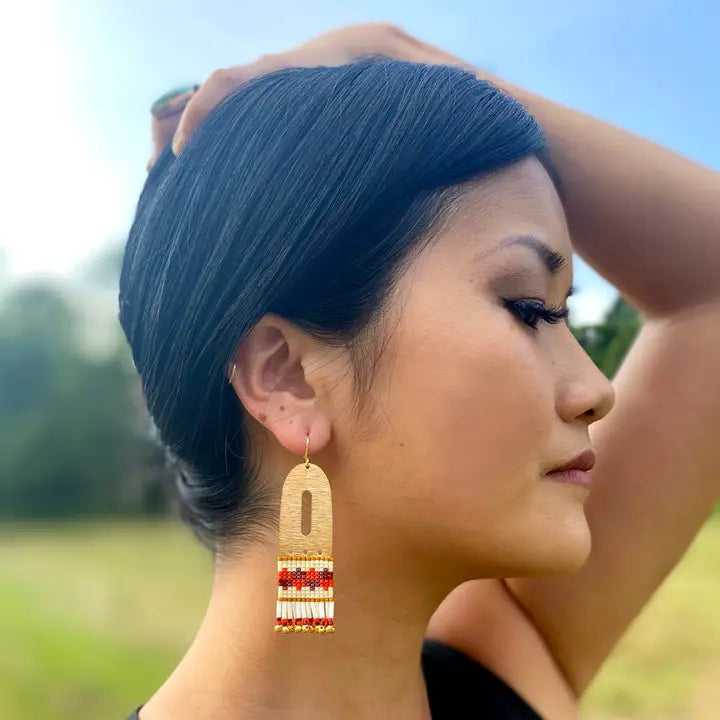 Beaded Handwoven Color Block Brass Earrings in green/aqua by Mayana