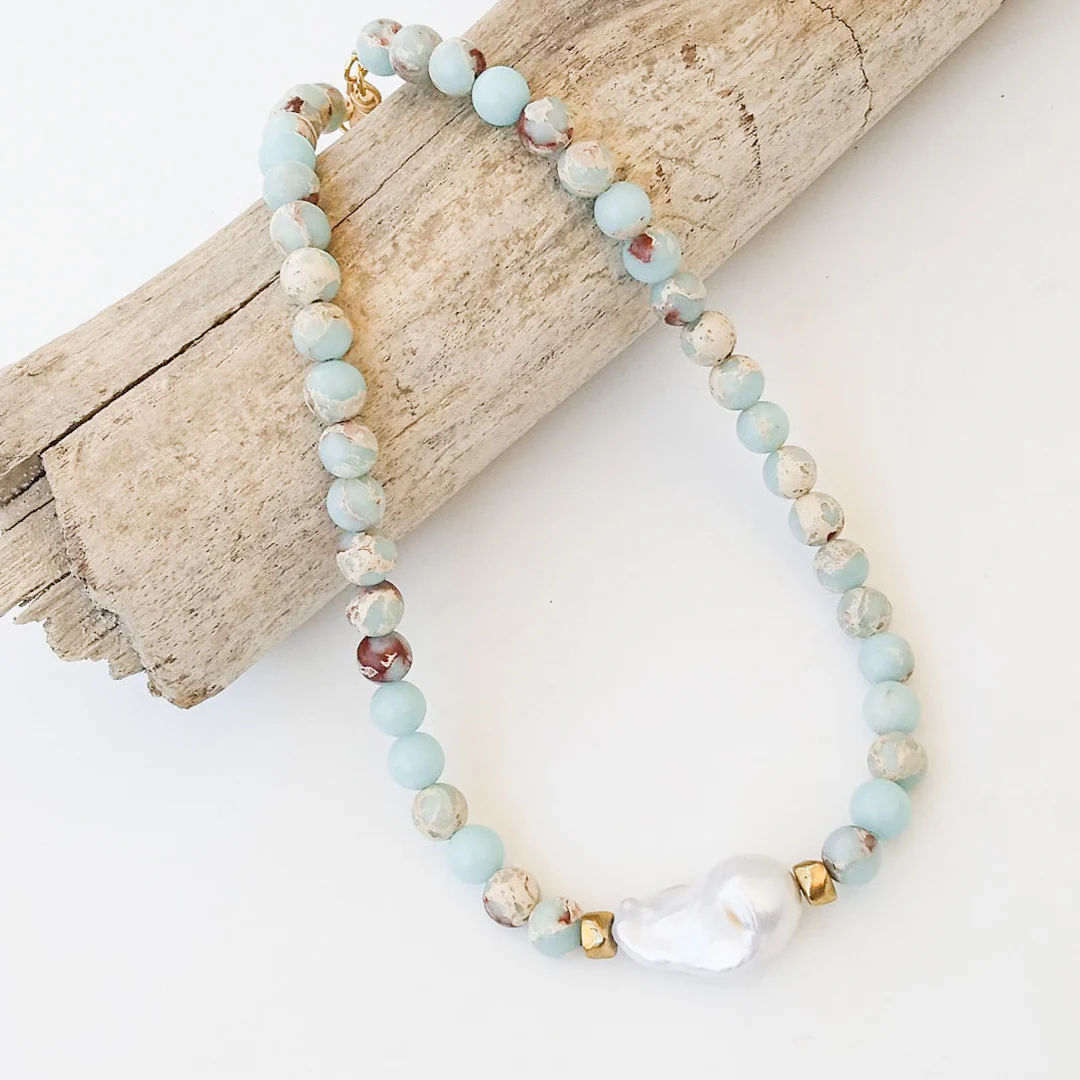 The Kamryn 8 mm Gemstone Baroque Pearl 16" Necklace in seafoam multi by Virtue