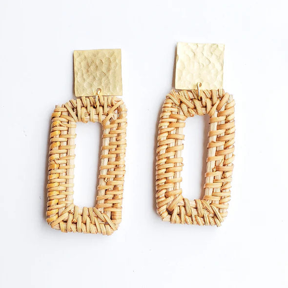 Square Post with Wicker Rectangle Earring in natural by Virtue