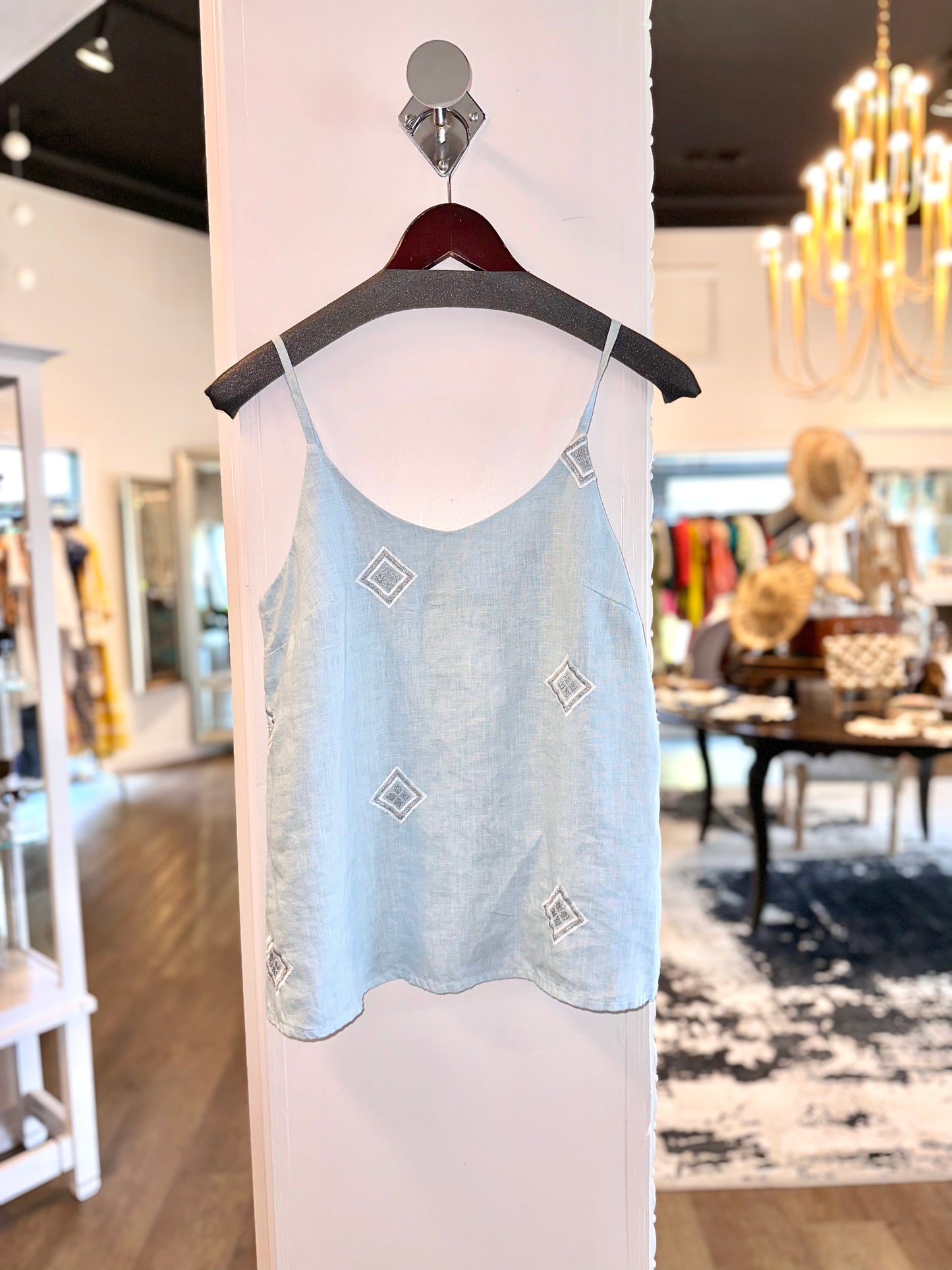 Embroidered Tank in ocean air by Haris Cotton