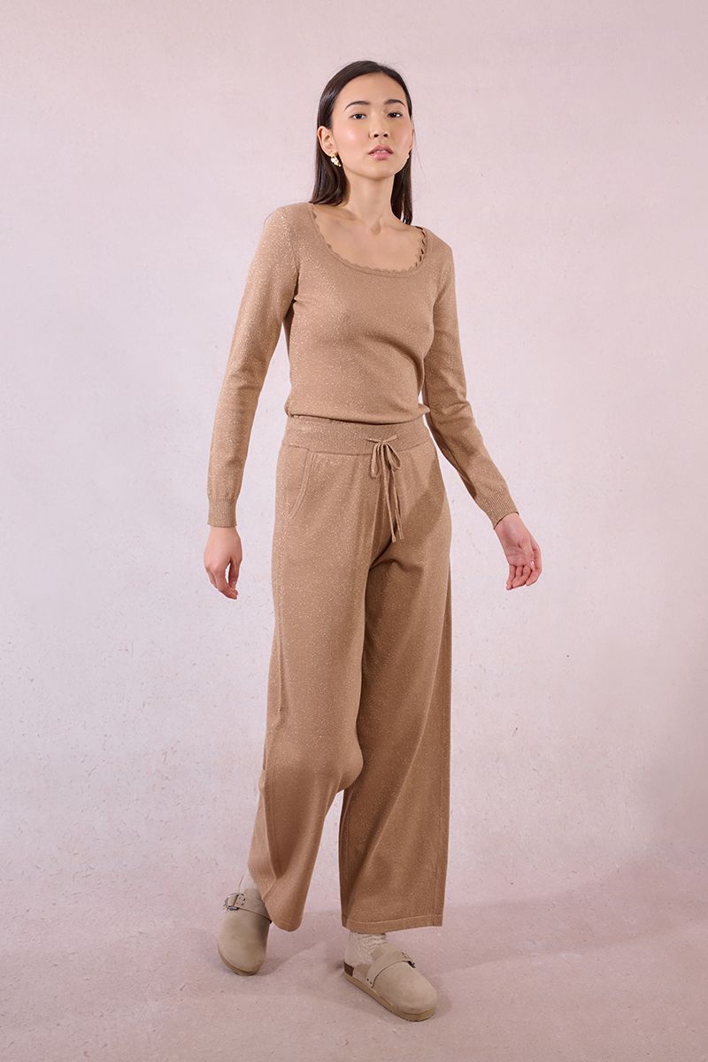 Wide Leg Knit Pant in golden beige by Molly Bracken